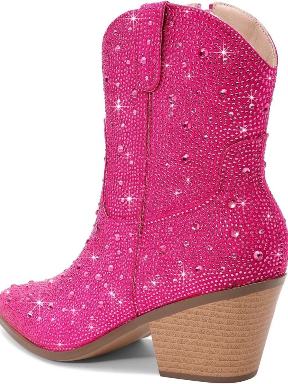 Women's Pink Western Booties Rhinestone Chunky Heel Fashion Cowgirl Ankle Boots - Picture 5 of 7
